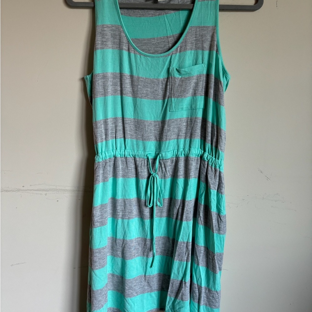 Olive & Oak Mint Green and Gray Striped Sleeveless Drawstring Dress